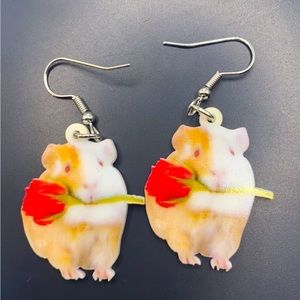 Valentine’s Day hamster with red rose in mouth earrings silver tone